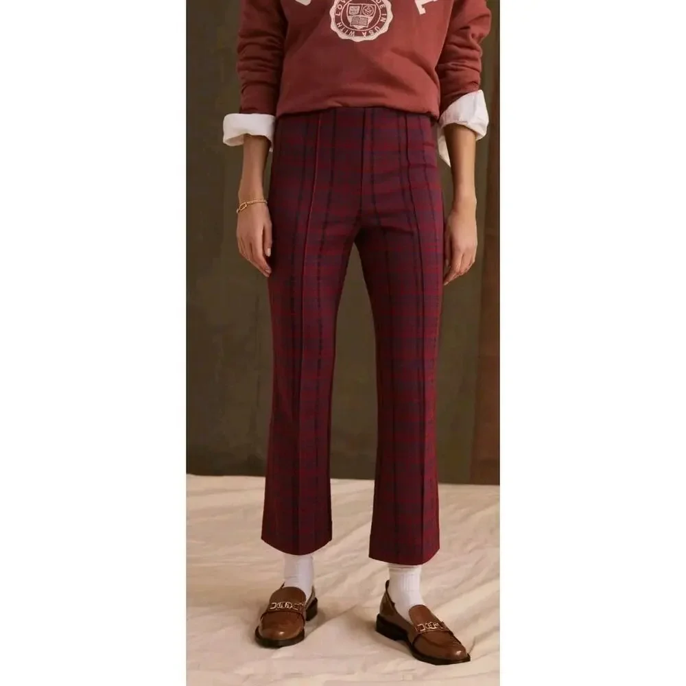 Maeve by Anthropologie The Margot Kick Flare Cropped Pants Small Red/Blue Plaid - Picture 1 of 6